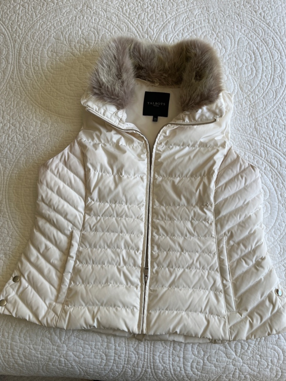 Talbots Petites Down Puffer Vest Faux Fur Collar Detachable‎ Women's XLP White